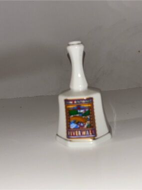 White Ceramic Collectible Bell with Colorful Scenic Emblem